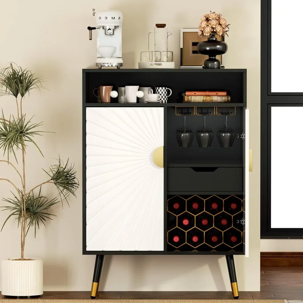 Coffee Bar Cabinet for Liquor and Glasses, Wine Cabinet with Adjustable Shelf & Drawer, Liquor Cabinet with Decorative