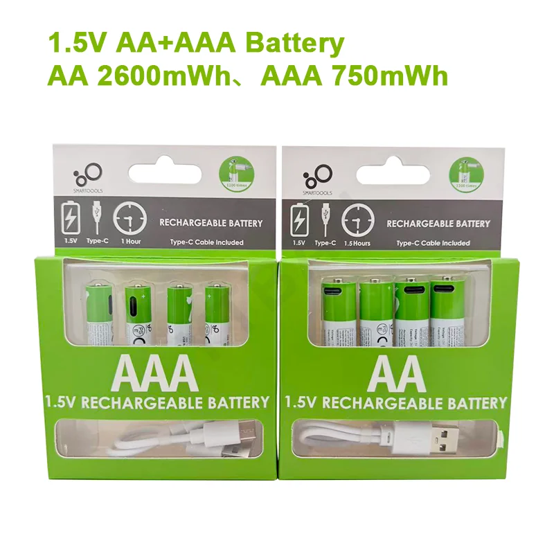 1,5 V AA AAA USB-Akku, Haushalts-Li-Ionen-Batterien für Maus, Uhr, Rasierer, Thermometer + Typ-C-Kabel