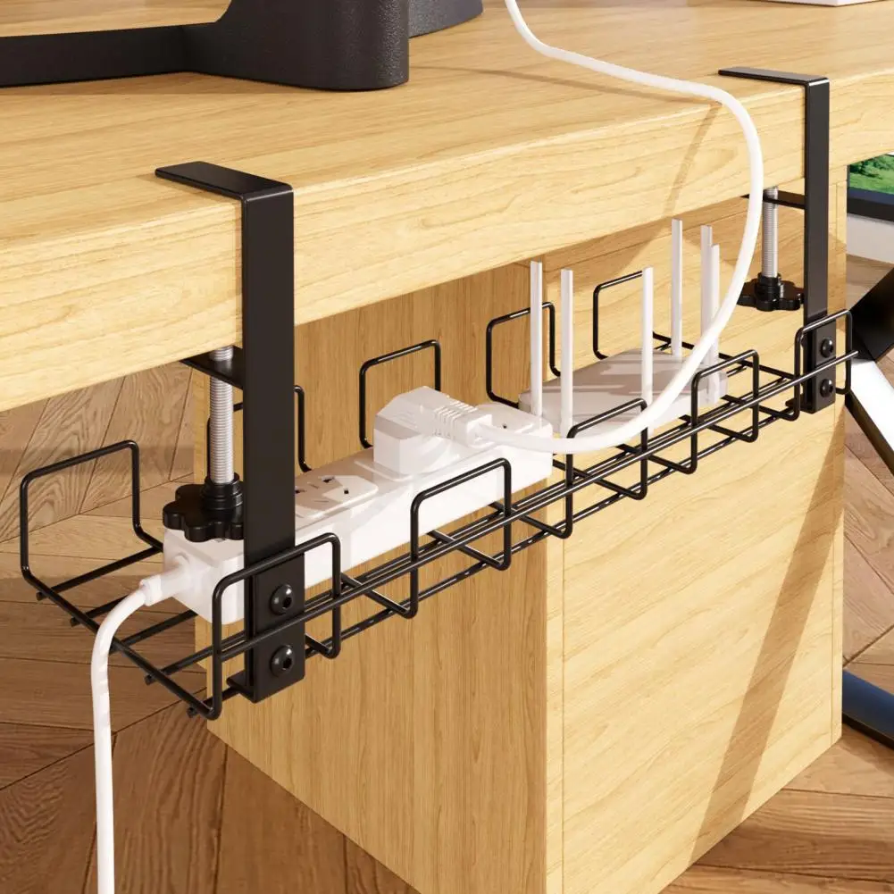 Under-Desk Cable Management Tray No Drill Adjustable Computer Desk Power Strip Wire Holder Cord Home Metal Storage Rack