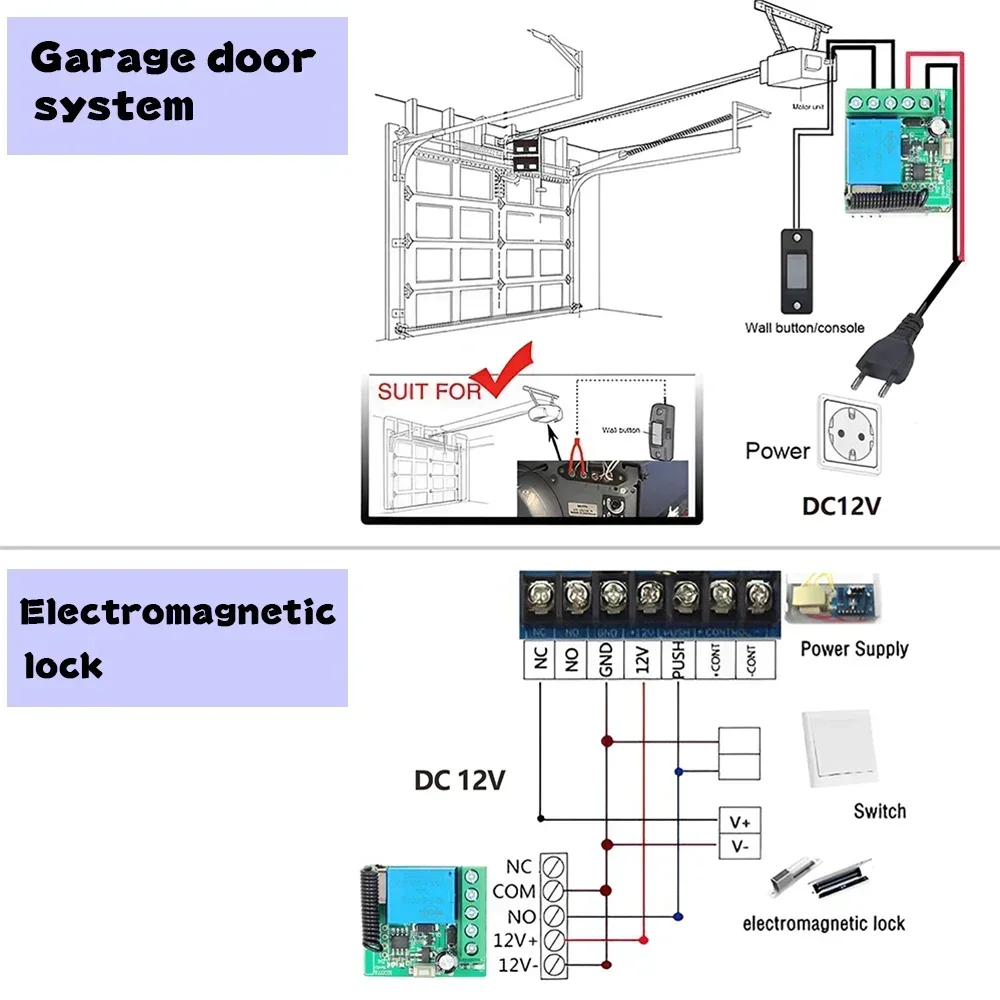 문짝 전자기 잠금 DIY용 리모컨 무선 스위치, 릴레이 리시버 RF 10A 및 2CH 송신기, 433Mhz, DC 12V 