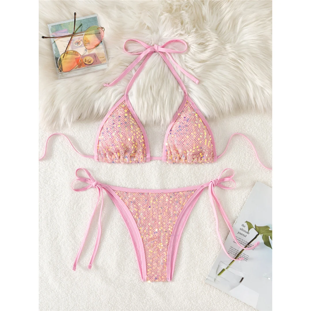 Funkelnder Bikini mit Pailletten, Neckholder und hohem Beinausschnitt, Damen-Badeanzug, zweiteiliges Bikini-Set, Badebekleidung, Badeanzug, Modell V6678. – Detail 23