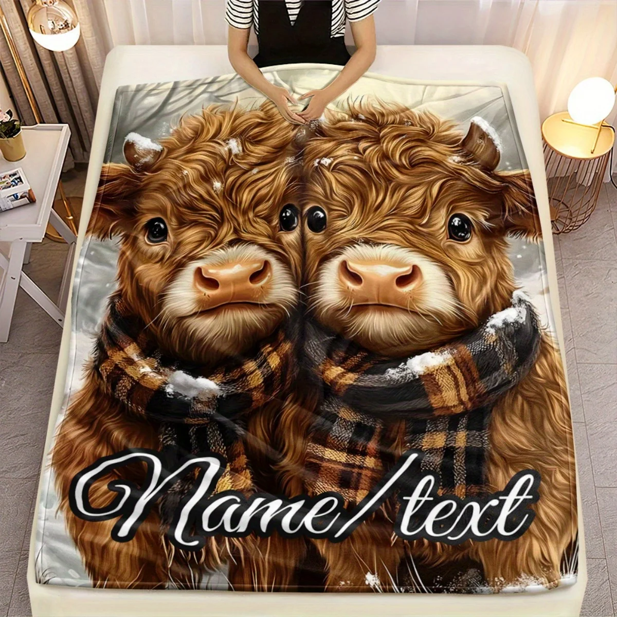 Personalized highland cowhide blanket, lightweight flannel, soft and warm all year round, with cute plaid scarf design, customiz