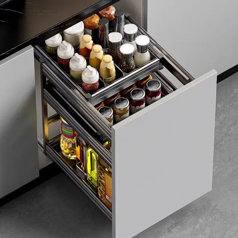 Cabinet seasoning pull-out basket extremely narrow drawer type all-aluminum double-layer storage dish basket oil drum storage