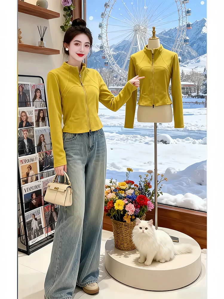 

Slim Fit Long Sve T-irt Cardigan Women's Autumn Winter plus Size Faionable Versatile Zipper Stand Collar Casual Sle