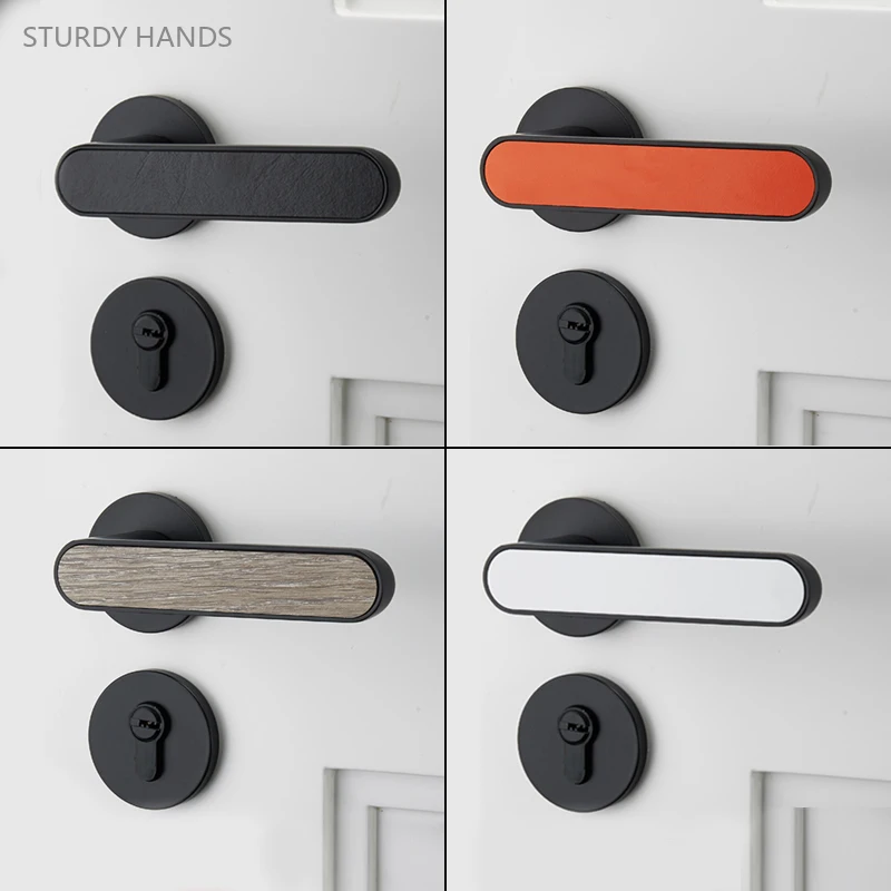 1 set of aluminum alloy indoor silent  locks modern minimalist bedroom door black handle ecological wooden door lock