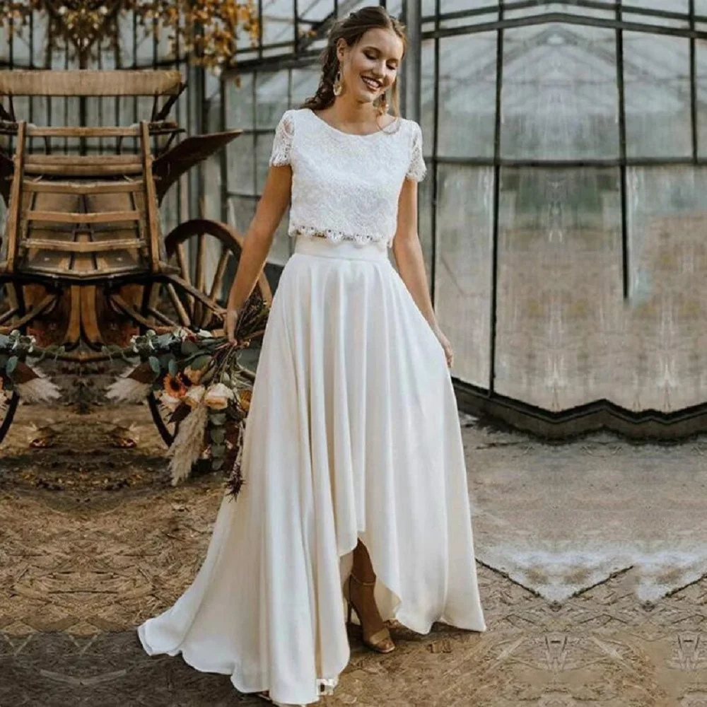 

ZJ6054 Bohemian Two Pieces Wedding Dresses 2021 Lace Top Short Sleeve Bridal Gown Jewel Neck Beach Wedding Gown Vestidos De Novi