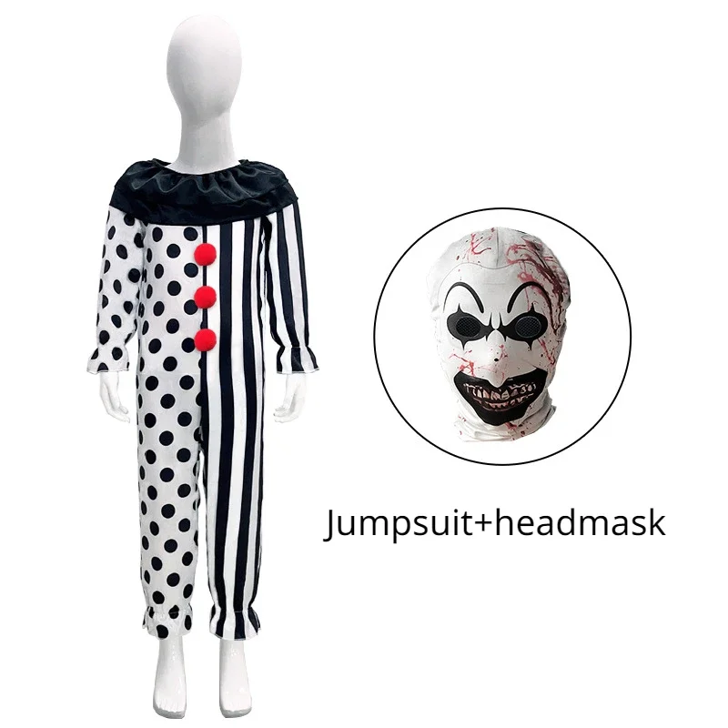 Kids Clown Cosplay Halloween Costume with Mask Hat Terrifier Clown Dress Child Jumpsuit Outfits for Boys Girls Carnival Party