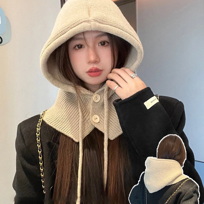 Winter Balaclava Hat Warm Knitted Women\'s Hood Hat Solid Color One-piece Neck Pullover Cap Outdoor Cashmere Caps