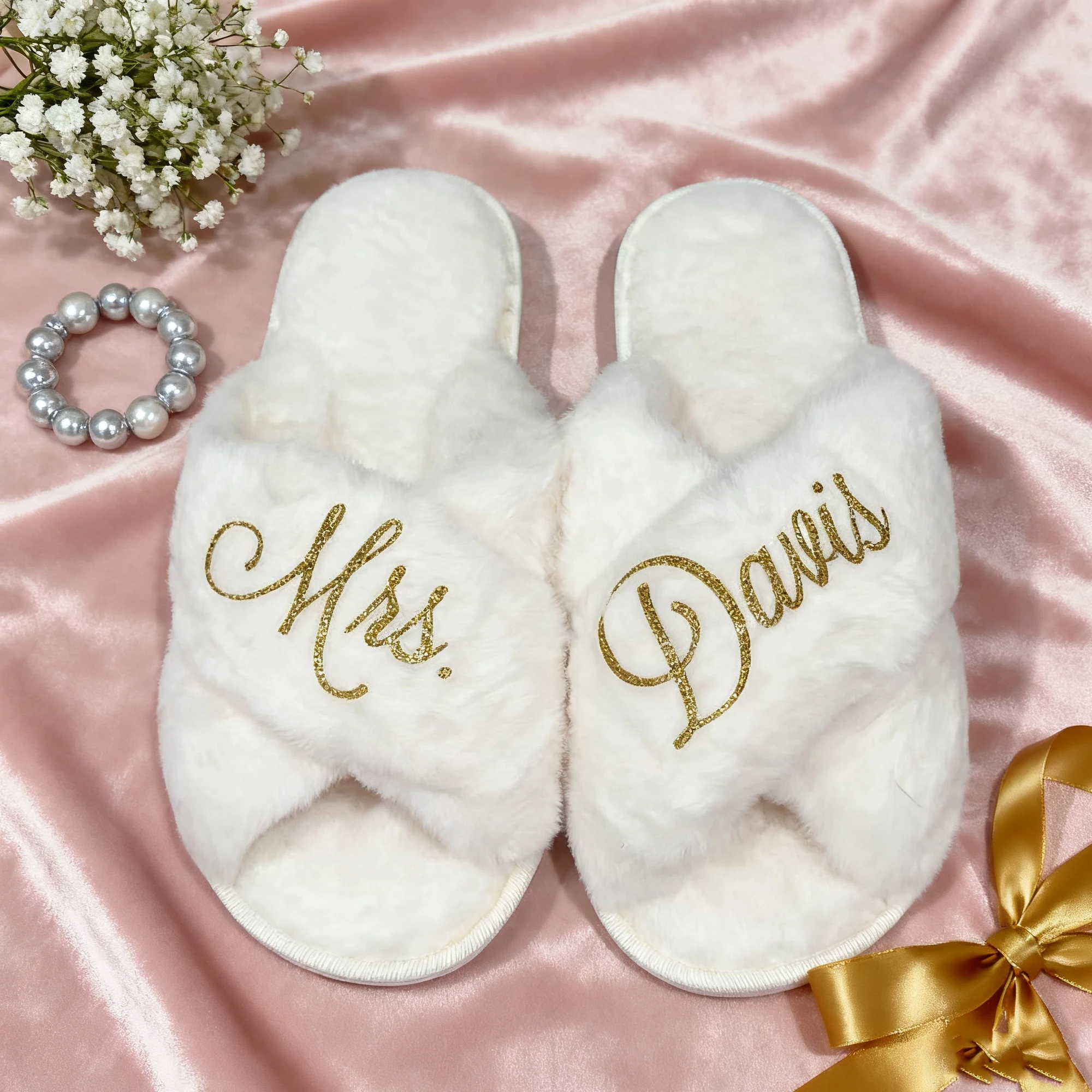 Custom White and Pink Plush Bridal Slippers, Plush Cross Slippers, Bridal Shower, Personalized Wedding Plush Slippers image 5