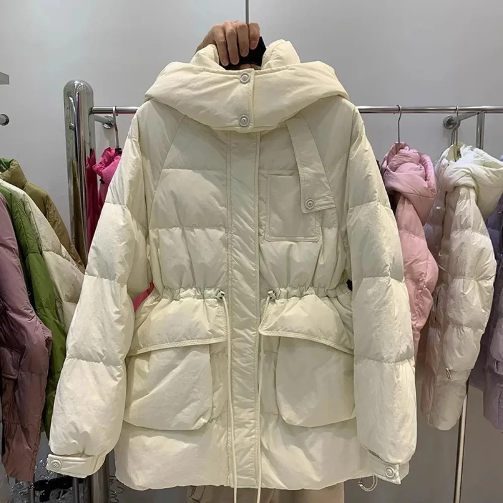 White Duck Down Jacket 2024 New Autumn Winter Women Hooded Outwear Solid Casual Over Size Adjustable Waist Coat Female Fashion