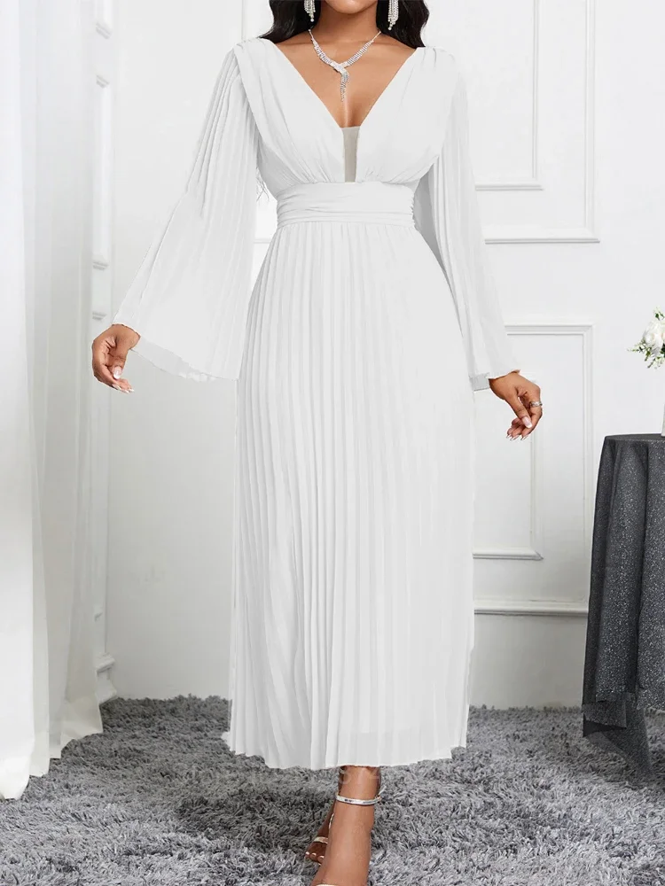 Dresses For Women 2024 Elegant Solid Color Deep V Long Sleeve Maxi Dress Elegant Pretty Evening Party Dresses Vestidos Cortos