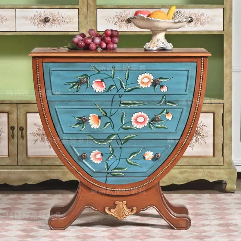 Aisle solid wood three-bucket cabinet drawer storage European-style entrance cabinet table U-shaped old cabinet furniture storag