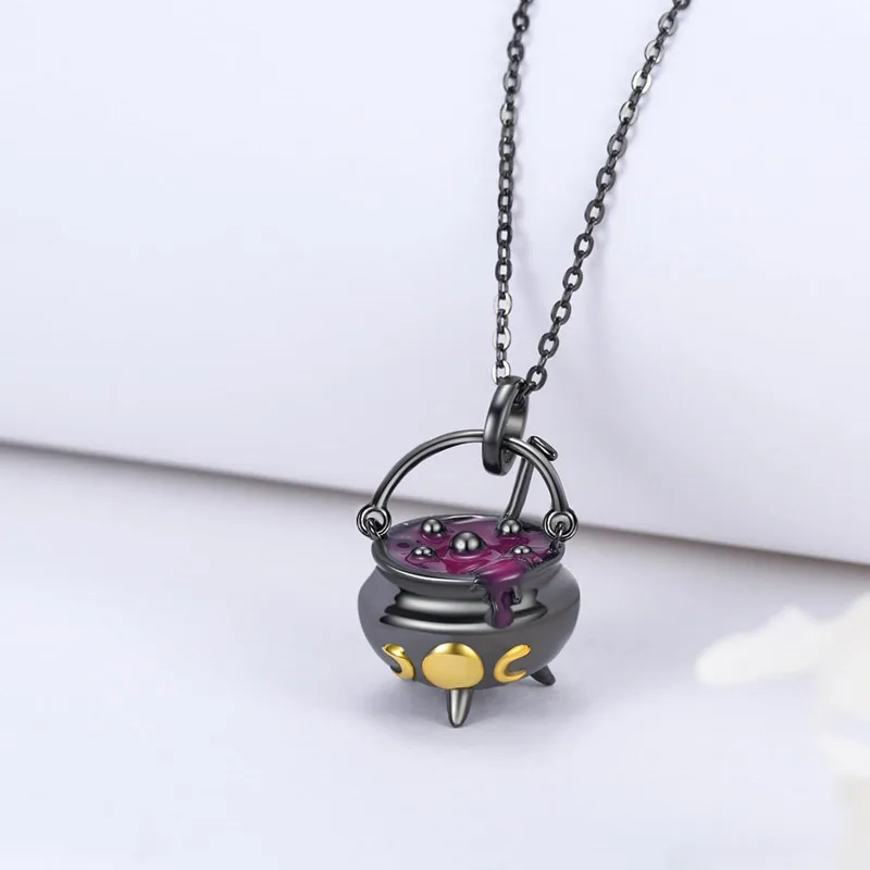 Gothic Dark Witch Magic Medicine Pot Pendant Three-dimensional Triple Moon Crucible Collarbone Chain Halloween Necklace