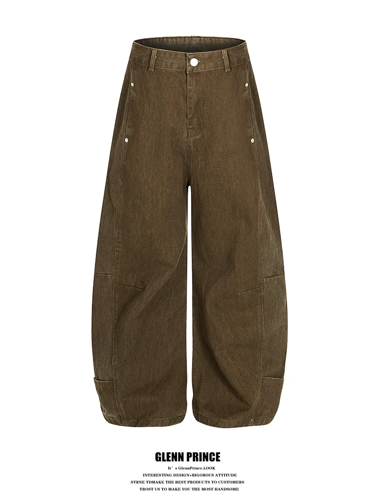 

Мужские джинсы в американском ретро-стиле с заклепками, коричневые, свободного кроя, универсальные, рабочие, из хлопкового денима, повседневные, прямого кроя