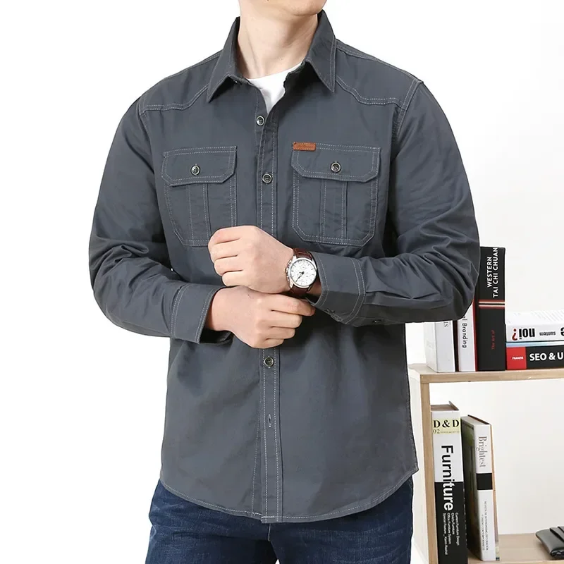 Men Loose Long-sleeved Shirt. New Solid Color Shirt for Middle-aged and Young People in Europe and America in Spring and Autumn