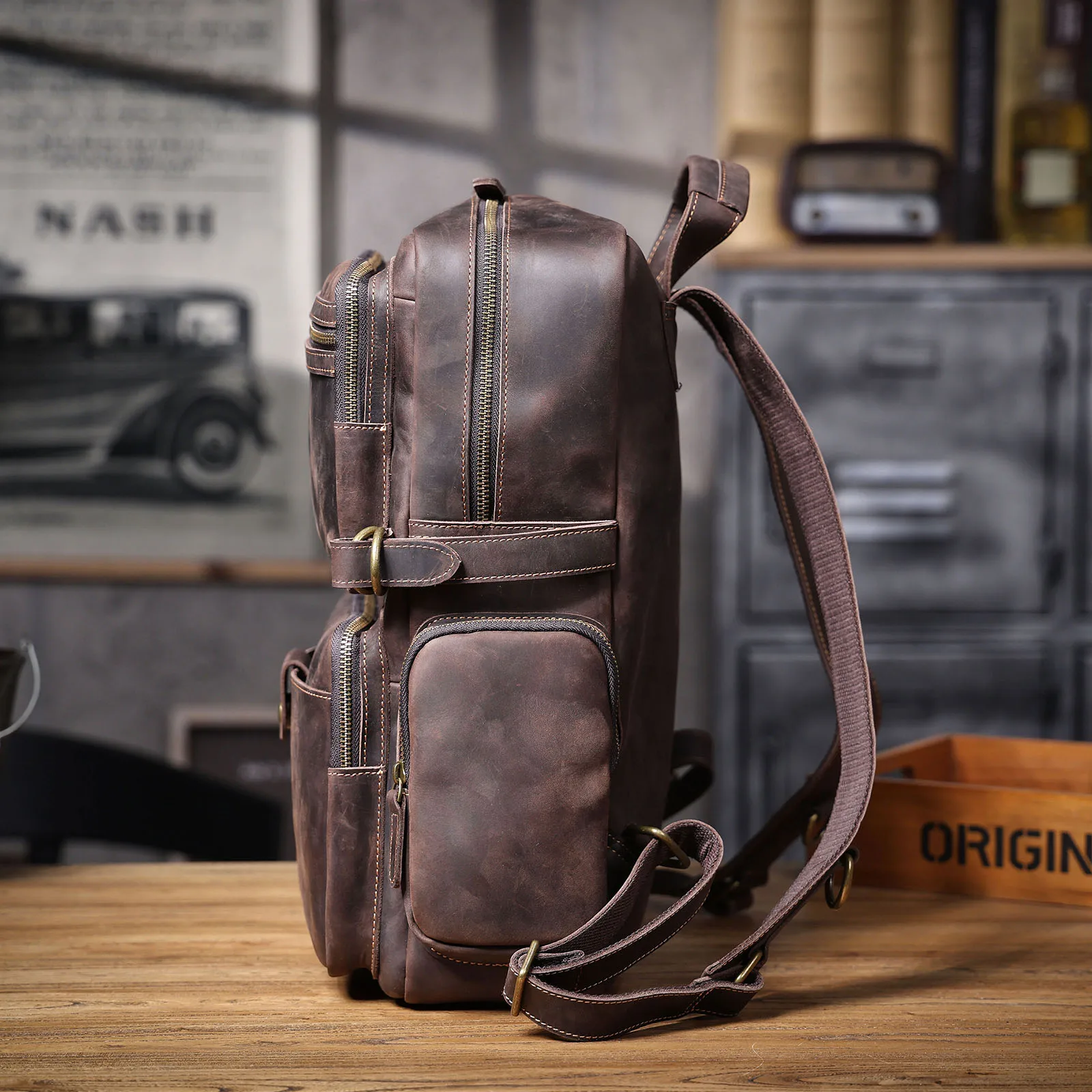 S.WORKER Vintage Echtleder-Rucksack Laptop-Tasche Casual Crazy-Horse-Leder Schultasche Outdoor-Reise-Weekender-Tasche – Detail 10