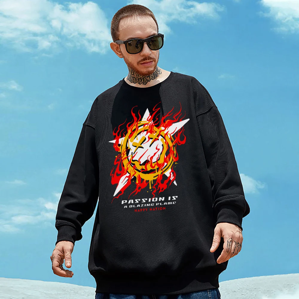 

Passion Is A Blazing Flame Happy Nation Couple Long Sleeves Original Design Casual Hoodies Fashion Hip Hop Men Cotton Sweatshirt