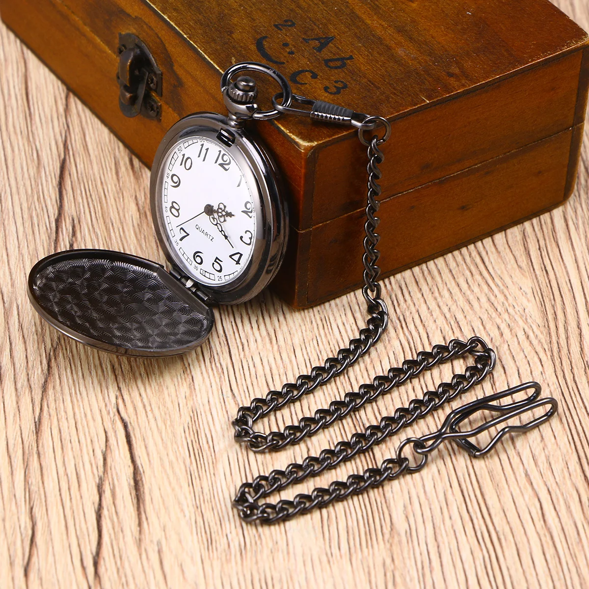 Mens Black Stainless Steel Mechanical Pocket Watch White Dial Arabic Numeral Vintage Style Removable Chain Men Pocket Watch with