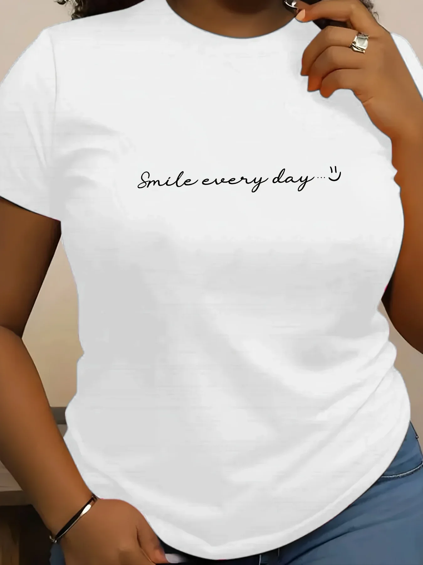 Women's Smile Every Day Graphic Tees Tops Casual Crew Neck Short Sleeve T-Shirt Fashion T Shirt with Geometric Pattern Female