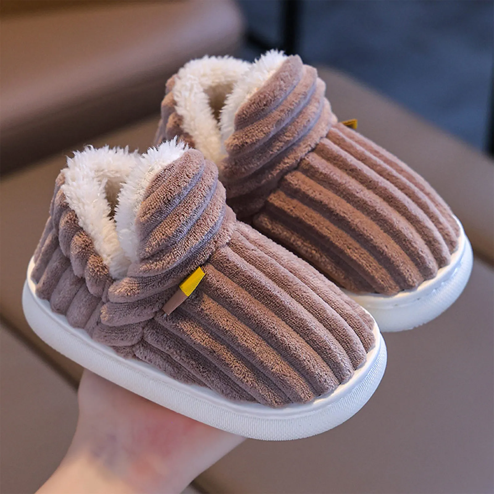 

New Children's Non-slip Soft Sole Kids Boys Girls Heel Wrap Warm Home Cotton Shoes Winter Concise Stripe Plush Slippers 2025