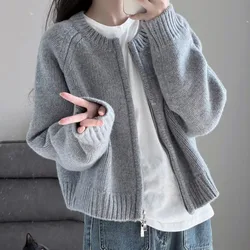 Fashion Grey Zip Up Casual Sweater Women Autumn Winter Loose Thickened Cardigan New Female Korean Long Sleeve Knit Top Clothing