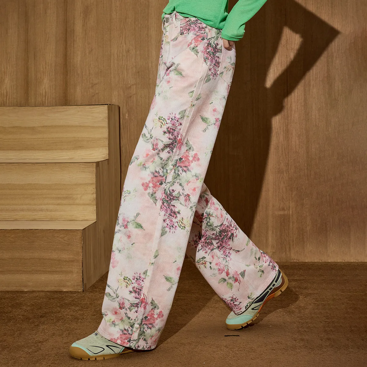 Coolhut 2025 floral impressão jeans feminino outono cintura alta calças de perna larga oriental tinta lavagem denim calças artísticas corte reto