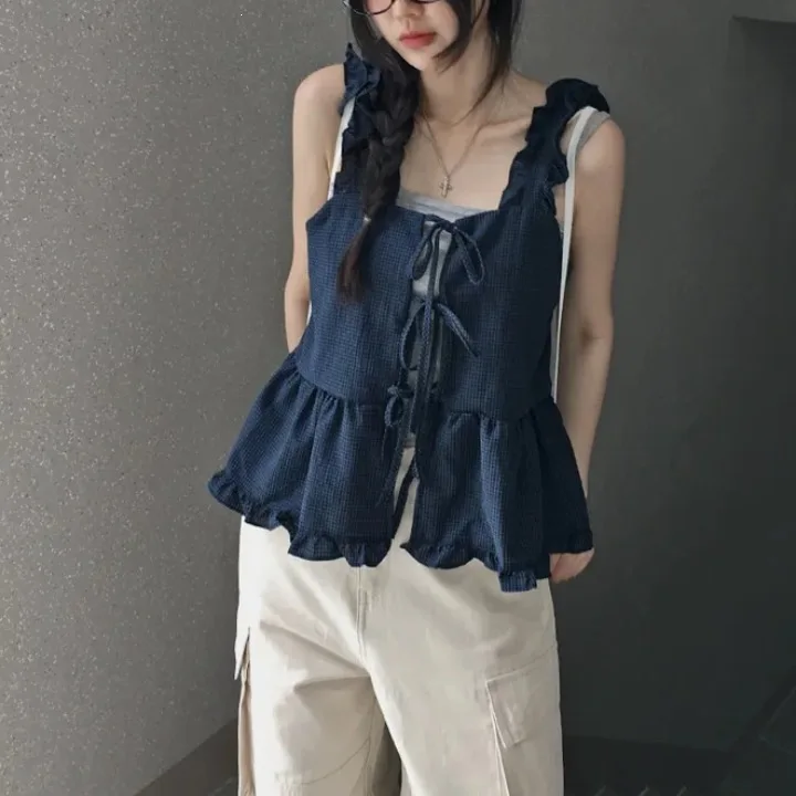 Women's New Denim Ruffle Spaghetti Strap Cami Top Front Tie Peplum Hem Loose Slimming Soft Breathable Versatile Sleeveless Vest