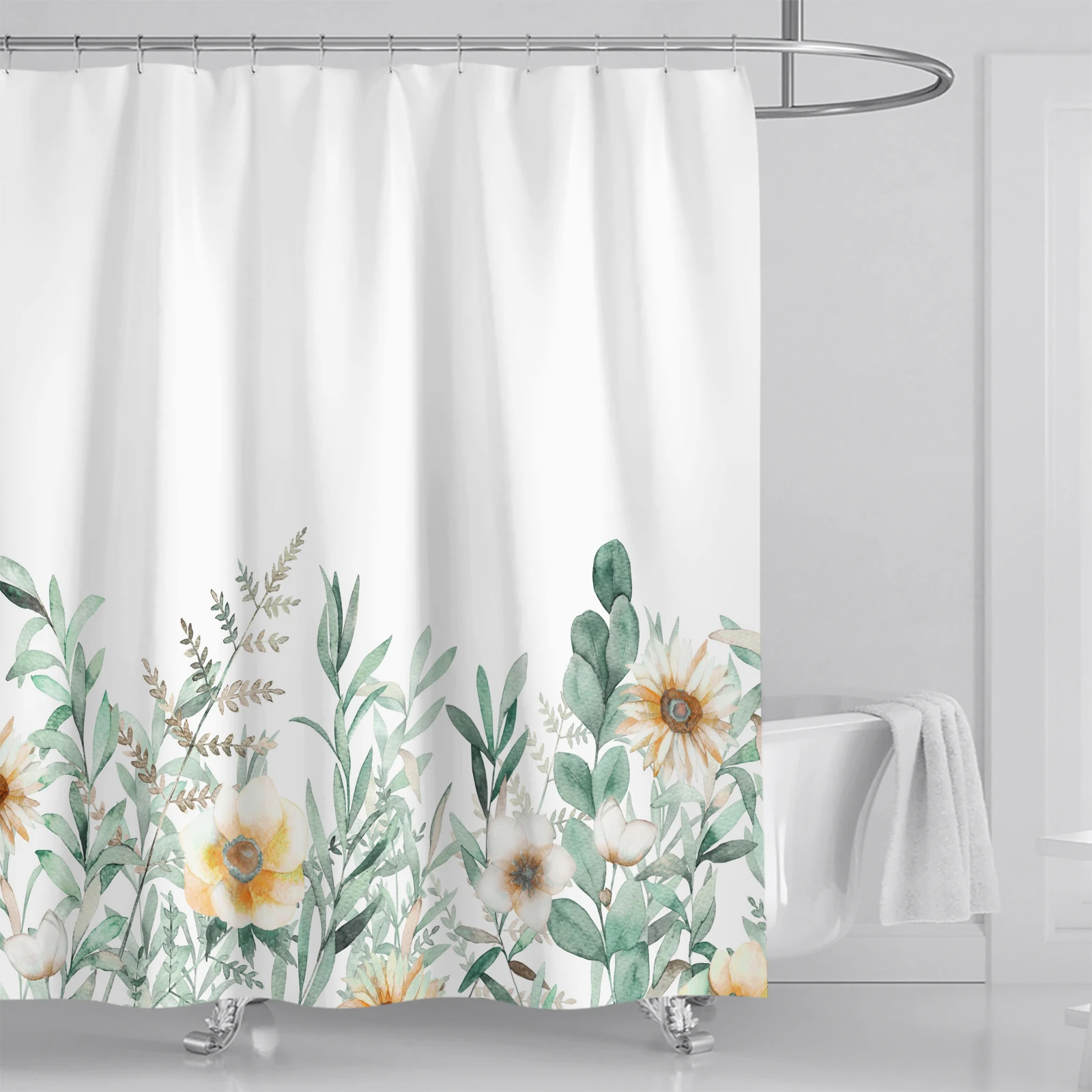 Watercolor Leaves on The Top Plant with Floral Bathroom Decoration Shower Curtain 180*180CM with Hooks