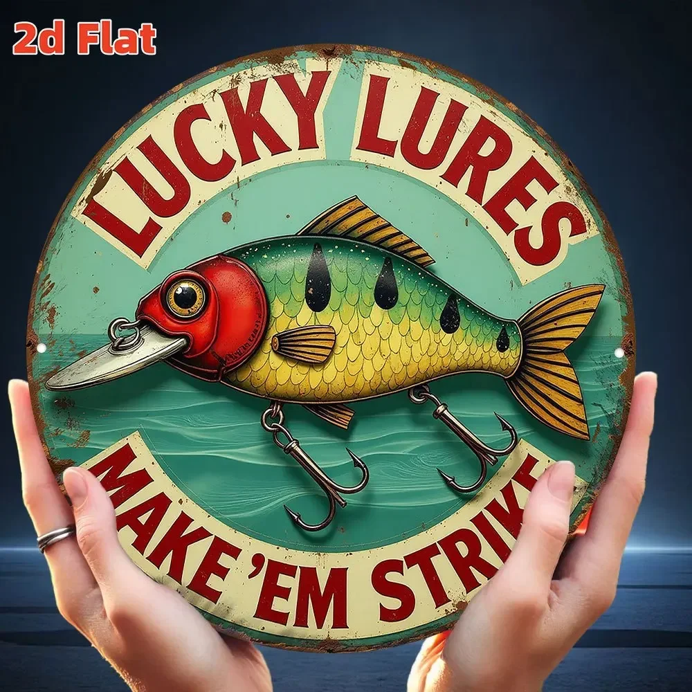 لافتة صيد السمك "Lucky Lures" - لوحة فنية جدارية كلاسيكية من الألومنيوم مع تصميم أسماك وخطافات ملونة، مقاومة للماء والغبار