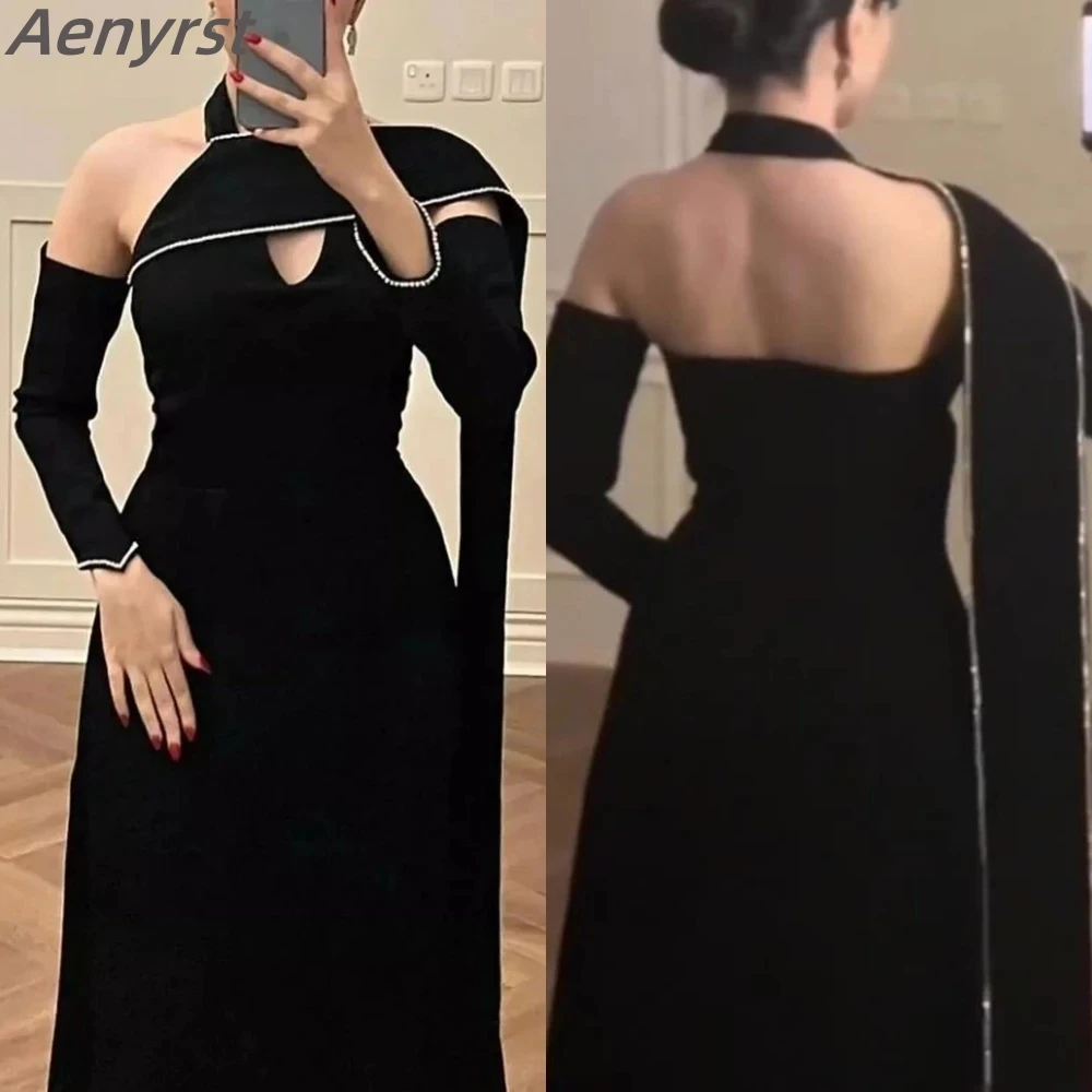 

Aenyrst Luxury Prom Dress Halter Neck Beadings A-line Party Vintage Black Satin Evening Gowns Floor Length Formal Occasion Gown