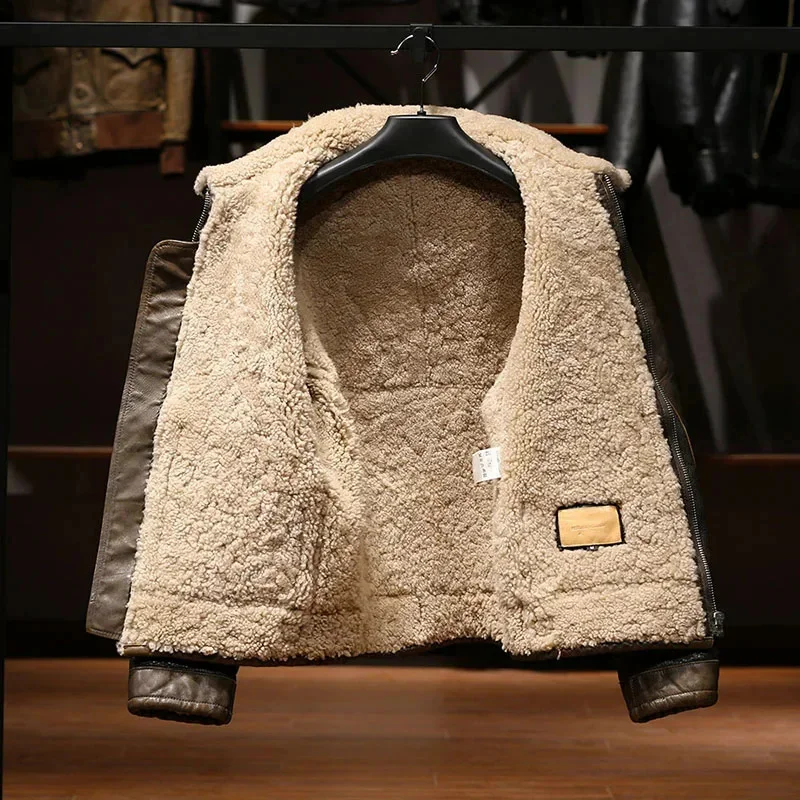 European High Quality Super Warm Genuine Sheep Leather Jacket Mens Big Size B3 Shearling Bomber Military Pilot Fur Coat