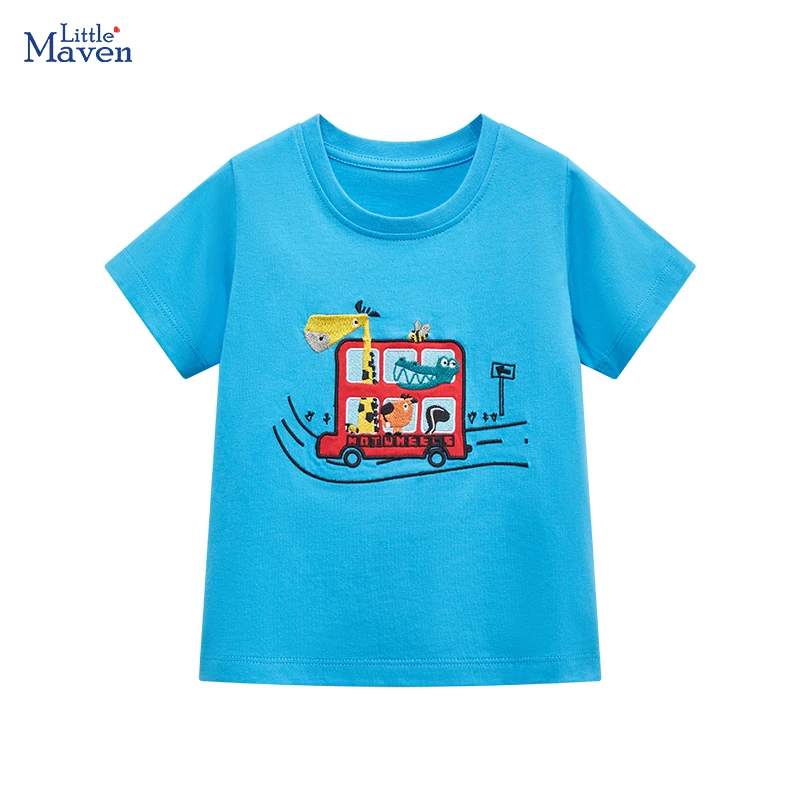 Little maven 2024 New Summer Children\'s Clothing T-shirts Cartoon Animals Bus Fashion Baby Boys Kids Clothes