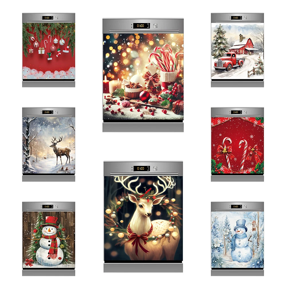 Cute Smile Snowman Christmas Festival Dishwasher Sticker Wallpaper Vinyl New Year Elk Candy Canes Kitchen Cabinet Cover Decal