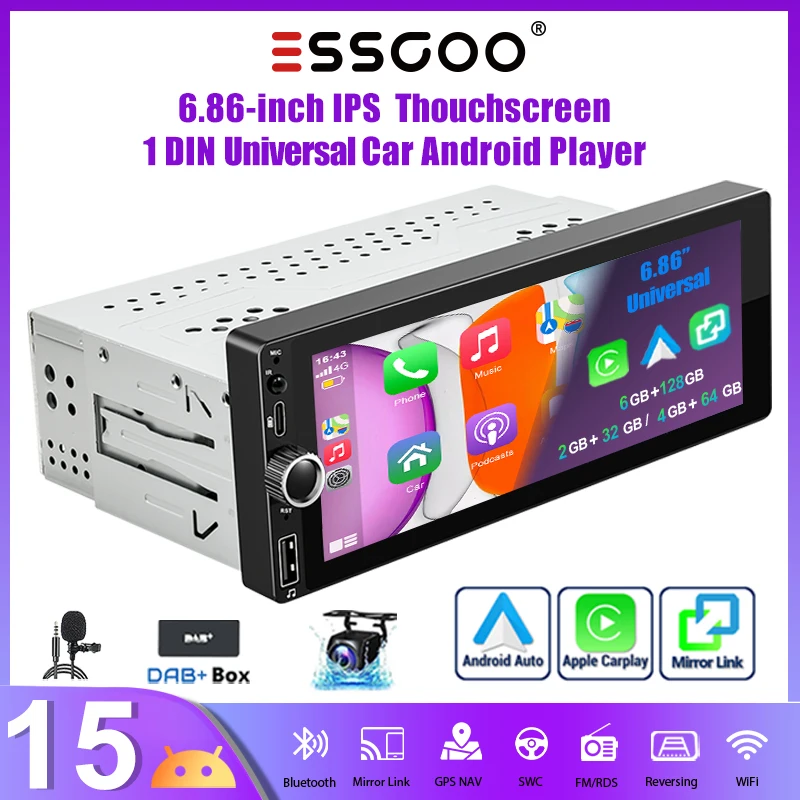 ESSGOO Autoradio Universale Android 15 1DIN 6.86'' 4+64G con Carplay Wireless, BT, USB Type-C, GPS, Navi, WIFI, RDS, FM, 2+32G, SWC
