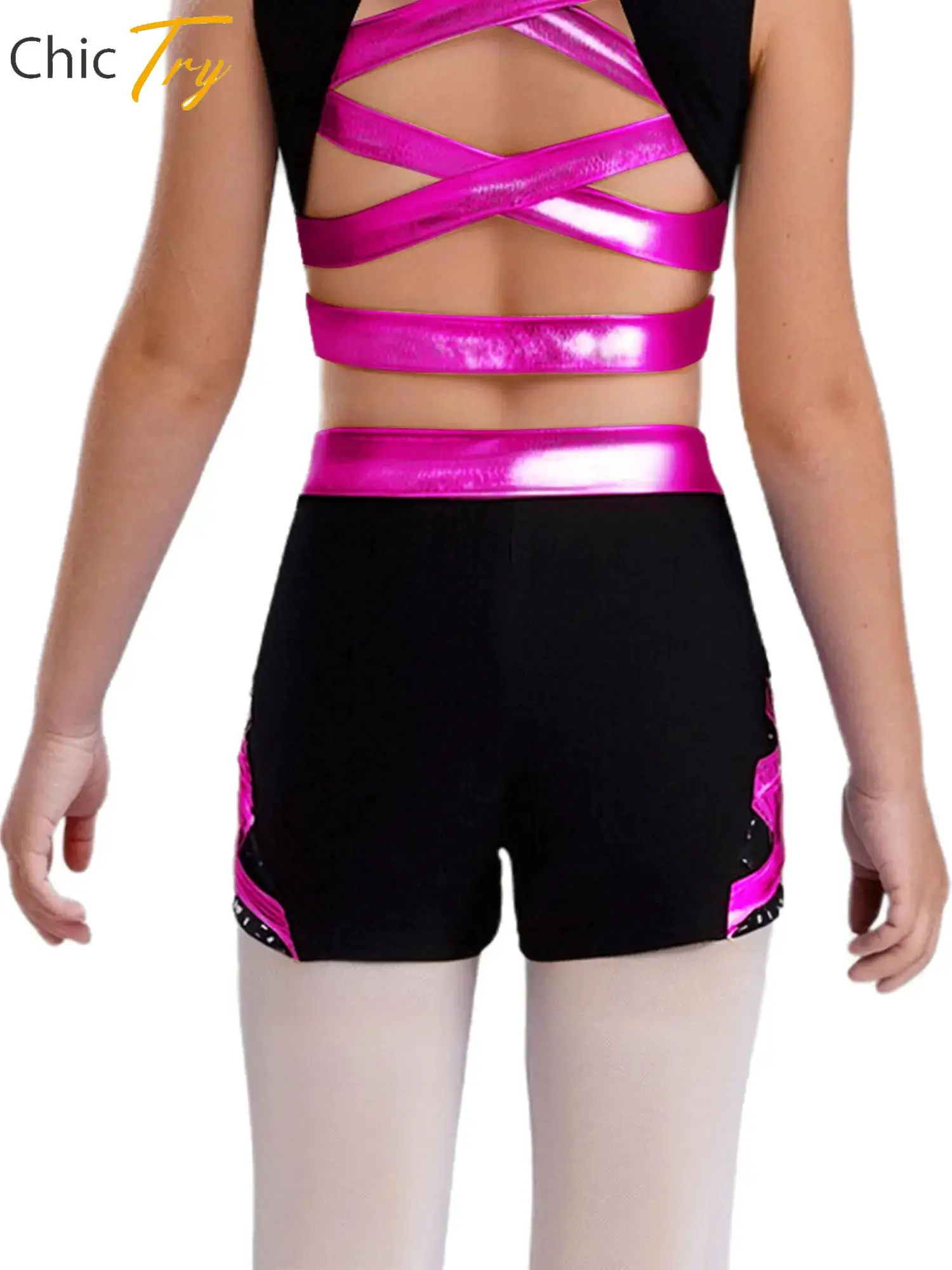 

Girls Ballet Gymnastics Figure Skating Costumes Sports Bottoms Metallic Bow Stretchy Sides Crisscross Shiny Rhinestones Shorts