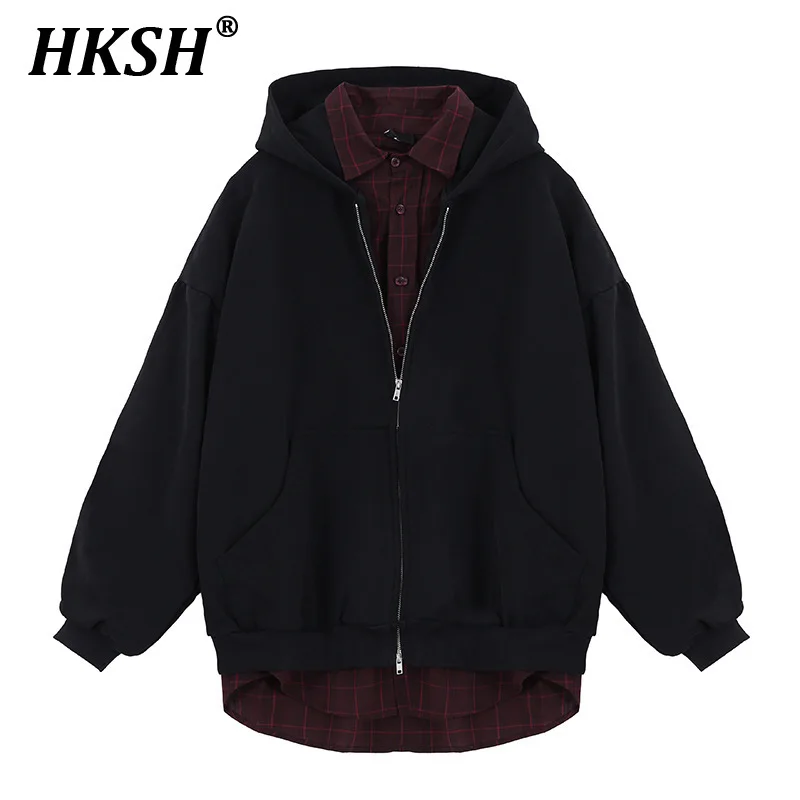 HKSH Men's Tide Streetwear 2024 Autumn Winter New Blended Fake Two-Piece Fashion Zipper Cardigan Hoodies Chic Sweatshirt HK3164