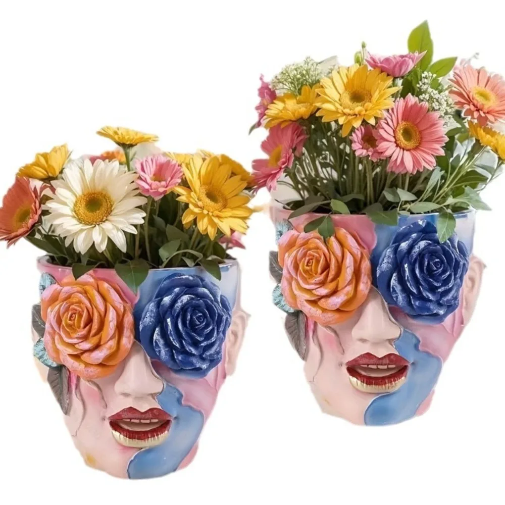 Creative Painted Rose Flowerpot Abstract Face Resin Craft Ornaments Garden Home Balcony Decoration Planting Accessories Potted