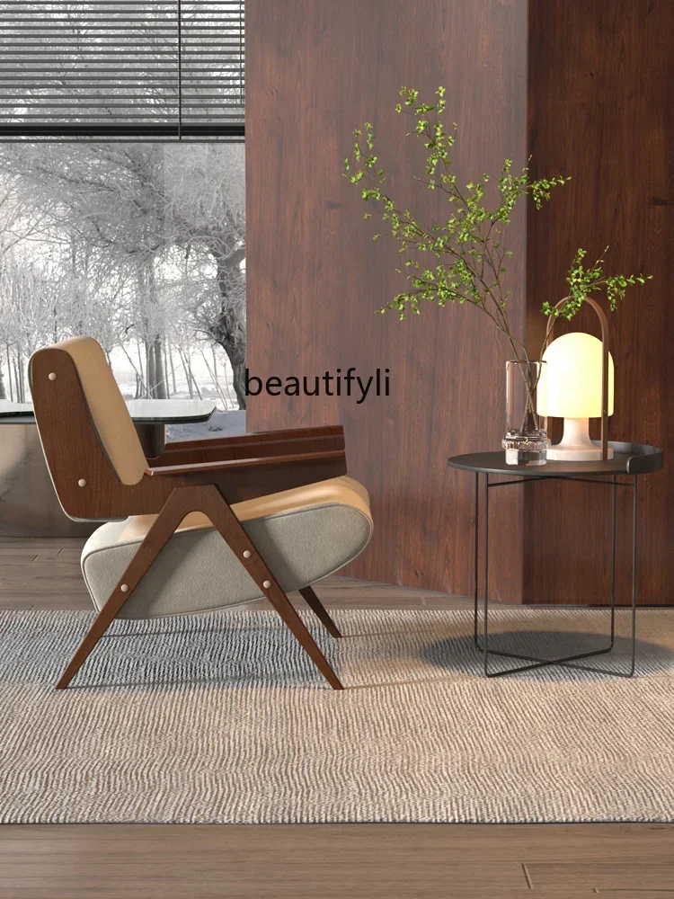 

VDanish Leisure Chair Designer Vintage Genuine Leather Couch Living Room Balcony Solid Wood Single Sofa