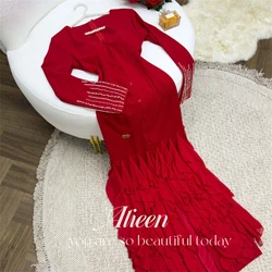 Red V-neck Long Sleeve Diamond Patch Mermaid Elegant Party Dresses for Women Luxury Prom Dress Wedding Evening Customized Guest