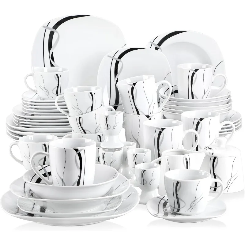 

Series Fiona, Dinnerware Sets for 6, 50-Piece Porcelain Dish Set, Including Dinner Plates and Bowls, Mugs, Egg Cups, Cup and