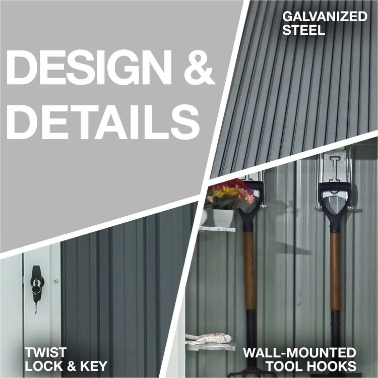 Galvanizado Steel Single Door Patio Storage Shed, Ferramentas de jardim, Twist Lock e Key Security, 2 Tool Hooks, 3 in x 3 in x 6 in Dark