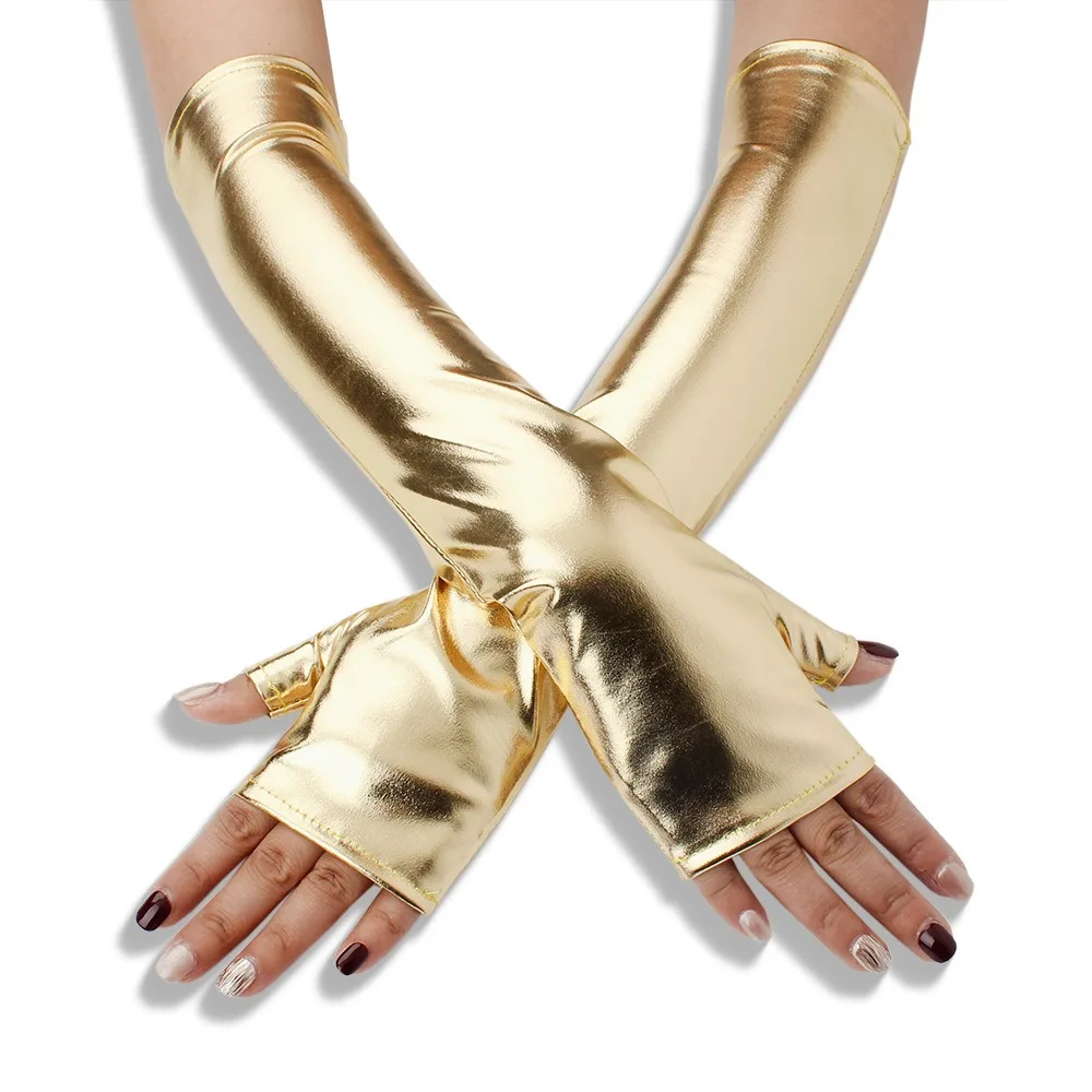 1 Pair Glossy Finish Fingerless Gloves Thin Imitation Leather Black Leather Gloves Punk Style Girl's Sleeve Set