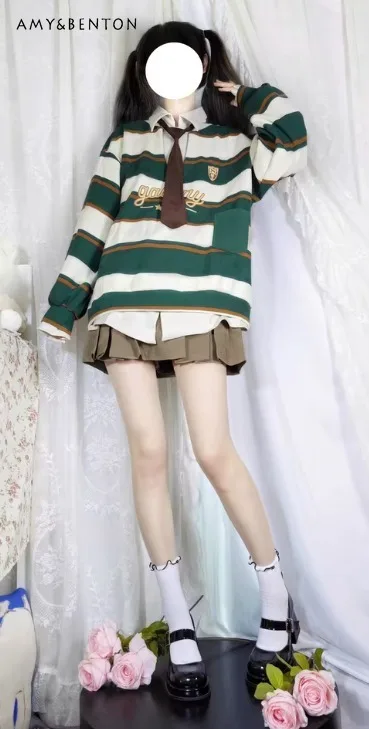 

2025 Spring and Autumn New Green Turn-Down Collar Striped Fake Two-Piece Long Hoodie Casual Khaki Short Skirt Loose Long Pants