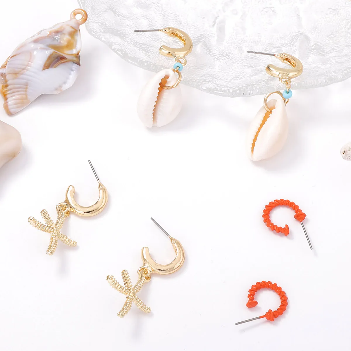 Bohemian Shell Starfish Drop Earrings - Set of 3