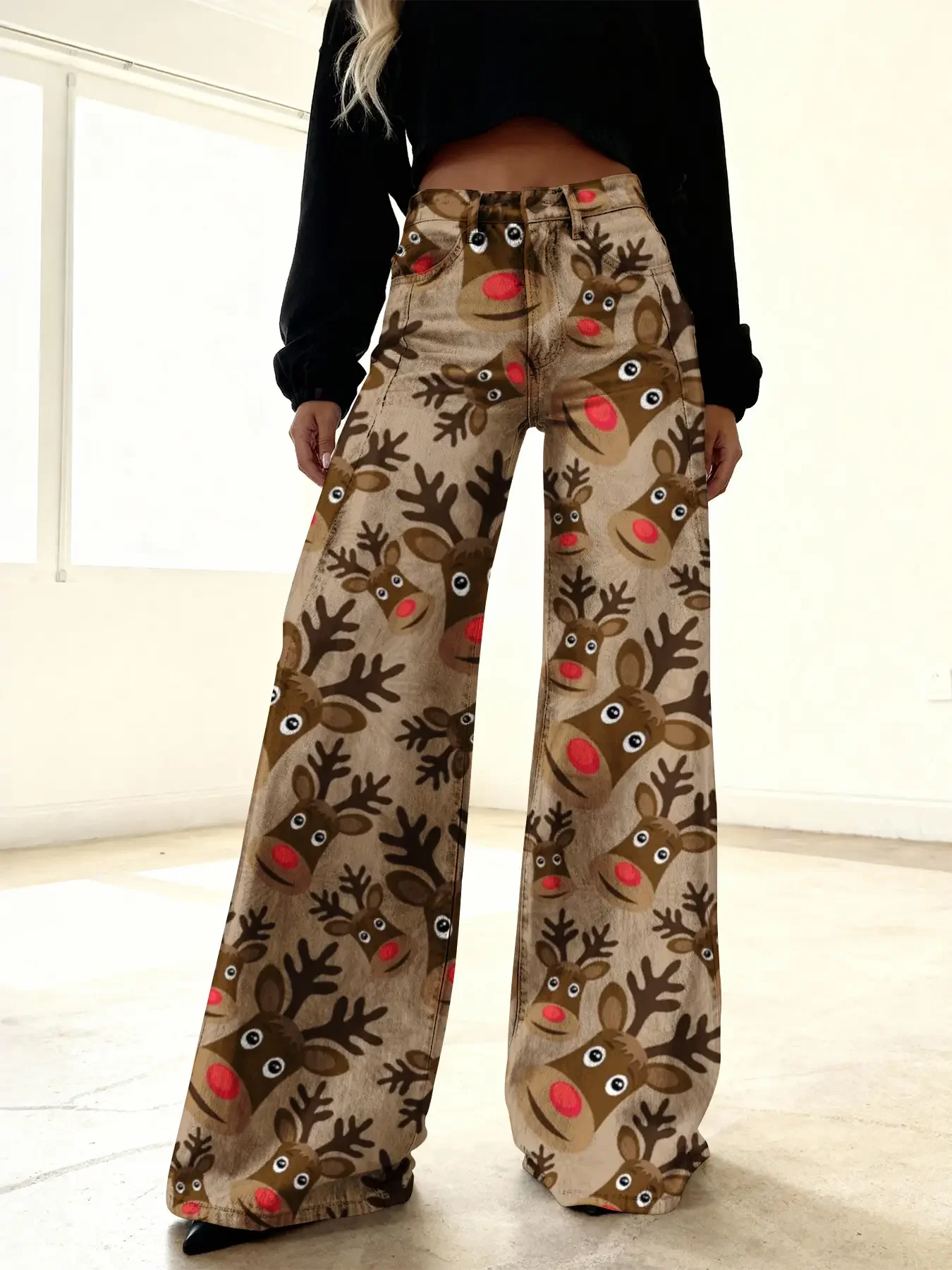 2026Christmas women's imitation denim printed high waisted flared pants, sweet and cute, All-season