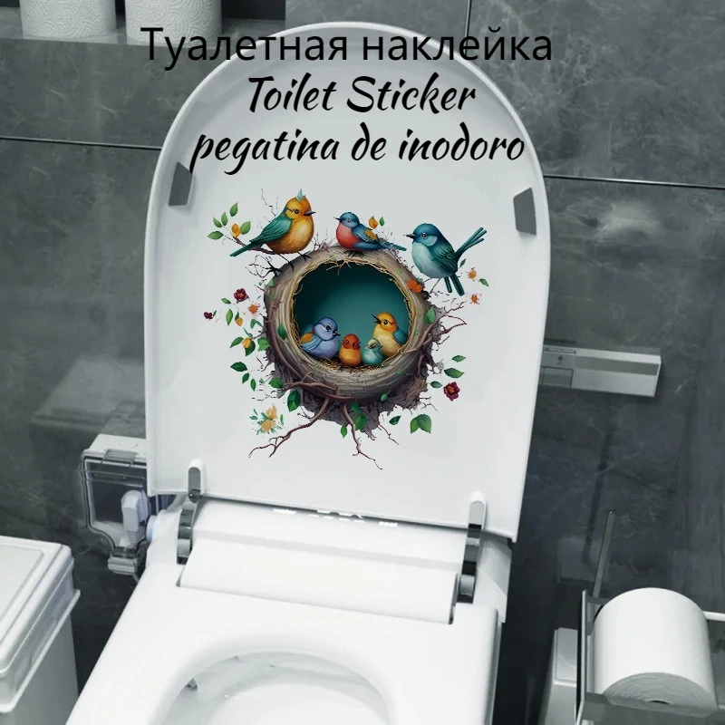 Cartoon The Little Bird Family Nest Bathroom Toilet Sticker Waterproof Decor Mural Model CH33560 Туалетные Наклейки