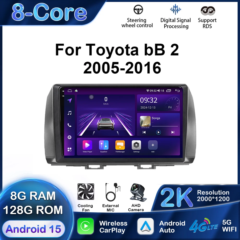 

Автомобильный радиоприемник-мультимедийный плеер для Toyota bB 2 2005-2016 Android 15 навигация GPS Carplay авто стерео DSP 2Din WIFI 4G QLED экран