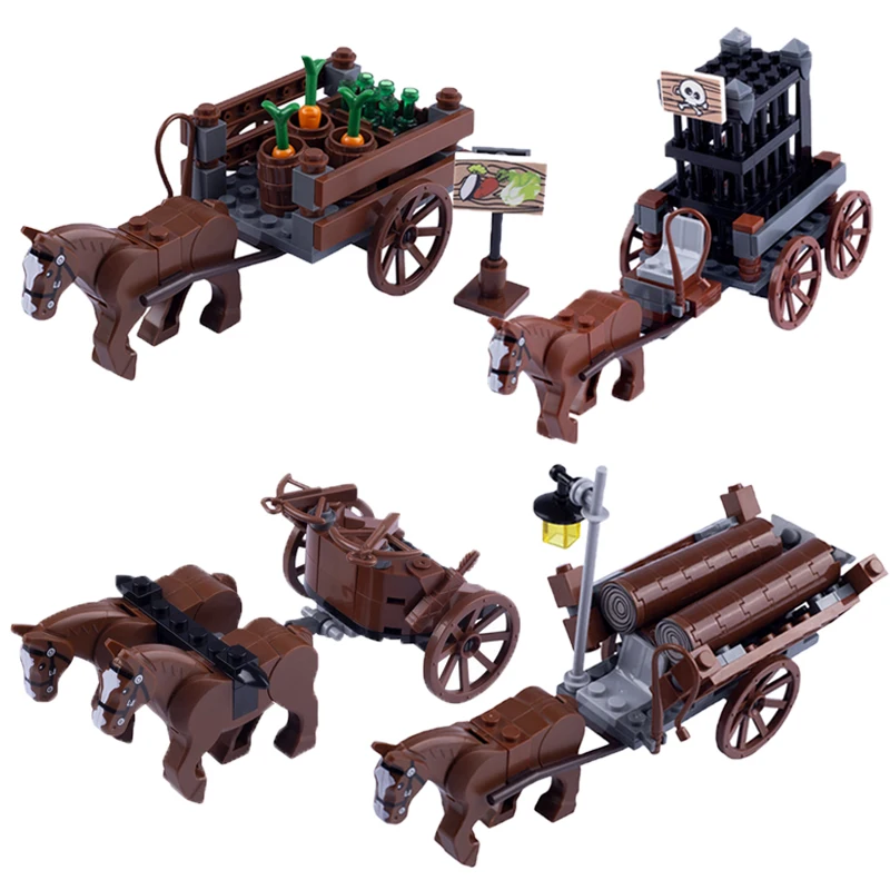 MOC Medieval Building Blocks Solider Chariot Figures Accessories Carriage Farm Garden Transport Set Animals Mini Bricks Gifts