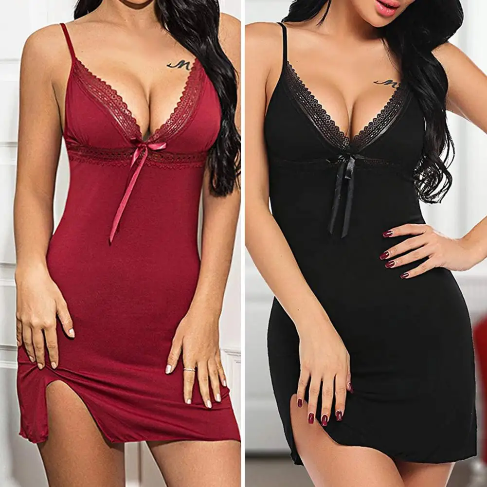 Chemise de nuit en dentelle avec nœud pour femme, vêtements de nuit sexy, col en V, nuisette complète, lingerie, robe de nuit