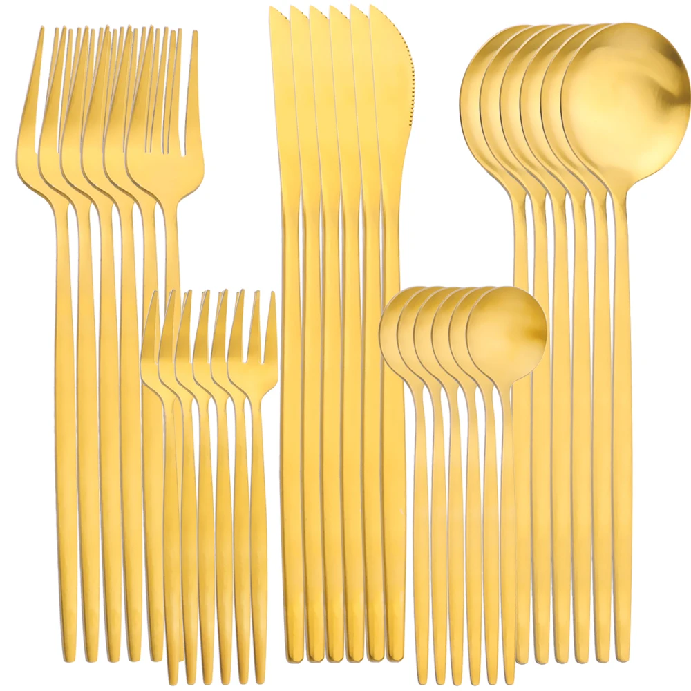 AJOYOUS Faltware Sets Stainless Steel 30 Pieces Gold Cutlery Knife Forks Tea Spoons Cake Fork Western-style Kitchen Cutlery